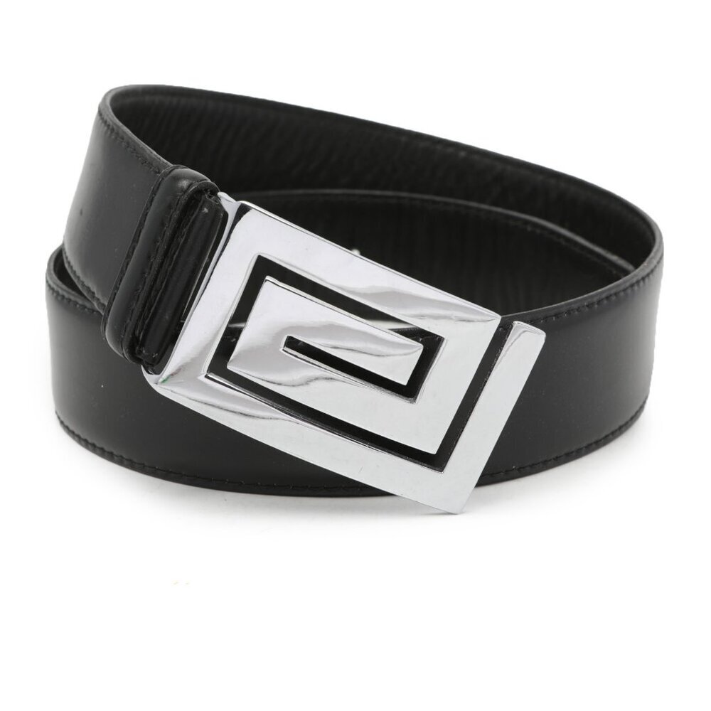 Vintage LONGHI Leather Belt Italy Black Large Silver Statement Buckle Classic